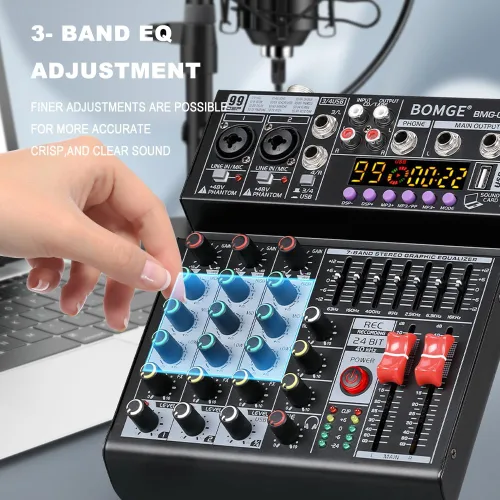 Miniatura 2 de BOMGE Mezclador de audio 04A, consola de mezcla de tablero de sonido profesional con USB/Bluetooth/Computadora/Mezclador de DJ de entrada estéreo