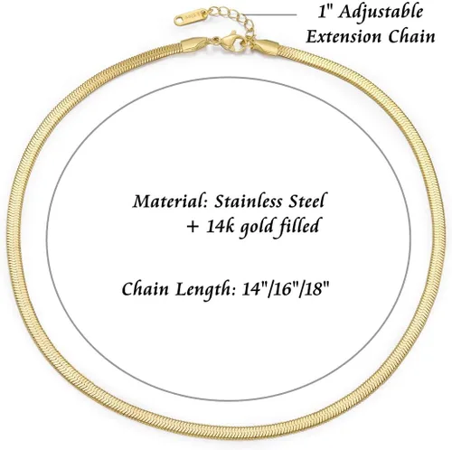Miniatura 5 de Collar de espiga para mujer, chapado en oro de 14 quilates, cadena de serpiente plana de 0.157 in, gargantilla de cadena de hueso de serpiente