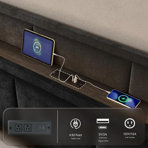 Miniatura 7 de Base de cama de almacenamiento de tamaño matrimonial, cama de plataforma tapizada con 2 cajones, cabecera de canal vertical de terciopelo con luces