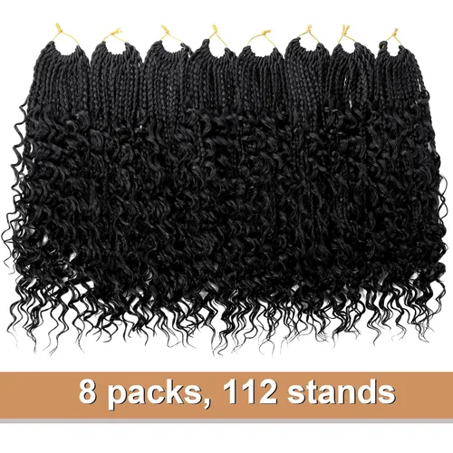 Miniatura 3 de Goddess Box Braids - Cabello de ganchillo con extremos rizados de 16 pulgadas, trenzas de caja bohemias de ganchillo, 8 paquetes, trenzas