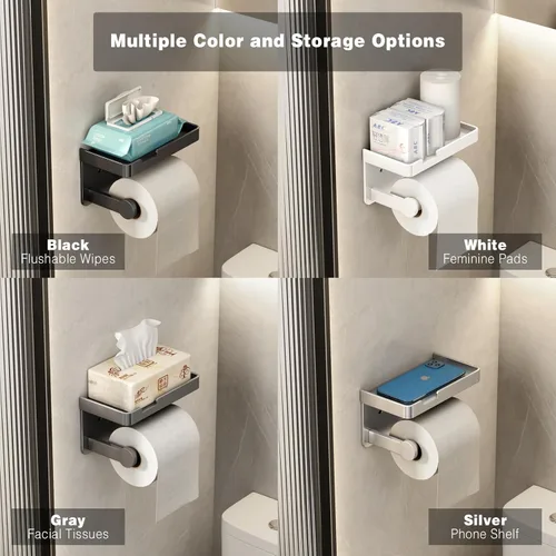 Miniatura 5 de VOLDRA Soporte de papel higiénico con estante para teléfono, soporte de papel higiénico autoadhesivo o con tornillos, soporte de rollos de papel