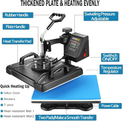 Miniatura 5 de AKEYDIY Máquina de prensa de calor profesional 5 en 1 para camisetas, combo de prensa de calor digital, 12 x 15 pulgadas, máquina de prensa