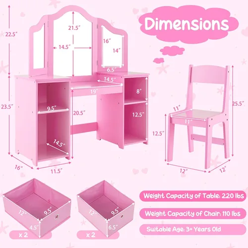 Miniatura 6 de Costzon Tocador para Niños, Juego de Escritorio y Silla de Maquillaje de Princesa 2 en 1 con Espejo Tri-Plegable, 4 Cubos de Almacenamiento, Mesa