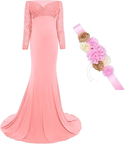 Miniatura 2 de Vestido de maternidad de manga larga con hombros descubiertos para fotografía baby shower con cinturón de banda de flores para sesión de fotos