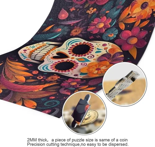 Miniatura 3 de Rompecabezas de calavera de azúcar mexicana, material compuesto de madera de papel Zcon bolsa de almacenamiento e imagen de referencia fácil