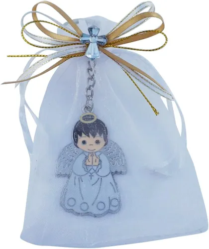 Miniatura 3 de Llavero de bautismo de primera comunión (12 piezas) niño ángel con bolsas decoradas de organza/Recuerdos para Primera Comunión BAUTIZO Niño Oro