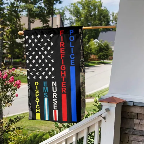 Miniatura 3 de Nadie lucha solo con bandera militar estadounidense, policía del ejército, bombero, bombero, azul, verde, rojo, línea fina, lino negro, tela