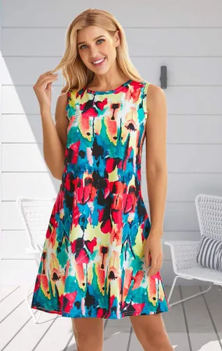 Miniatura 3 de elescat Vestidos de verano para mujer, estilo casual, sin mangas, estampado floral, holgado, con bolsillo
