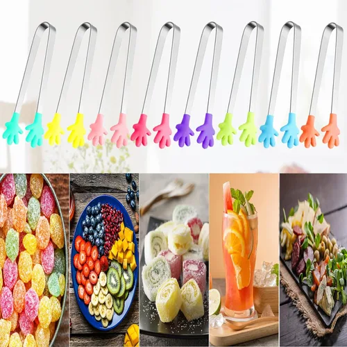 Miniatura 4 de 8 piezas de pinzas mini de silicona, pinzas de 5 pulgadas con forma de mano para alimentos, pinzas pequeñas y coloridas para niños para servir