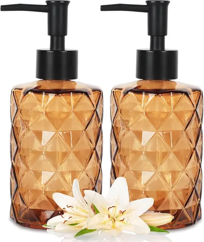 Miniatura 11 de Paquete de 2 dispensadores de jabón de vidrio rosa, 11.2 fl oz/11 oz, dispensador de acondicionador de ducha de baño con bomba dorada, botella