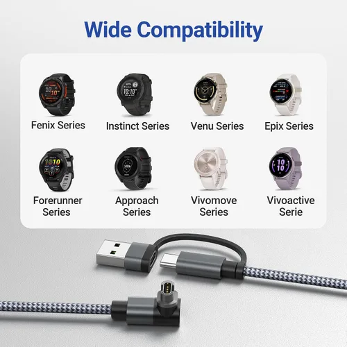 Miniatura 8 de Itramax Cable de carga USB C 2 en 1 para Garmin Watch de 4 pies, cable de alimentación de carga USB para Garmin Fenix 8 E 7 7X 7S 6 Solar