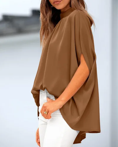 Miniatura 166 de BTFBM Blusas de verano para mujer, cuello alto falso, manga murciélago, holgadas, dobladillo alto y bajo, blusas informales de gran