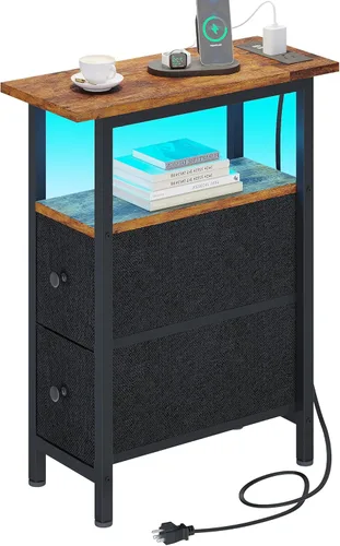 Miniatura 10 de TRIFEBLE Mesa auxiliar con estación de carga, mesa auxiliar estrecha con 2 cajones de tela, mesita de noche delgada con luz LED, mesita de noche