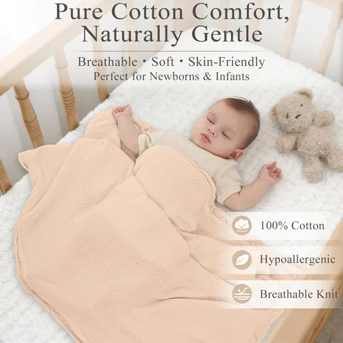 Miniatura 6 de Manta de punto para bebés para niños y niñas, 100% algodón, manta para cuna y cochecito para recién nacidos, bebés, niños pequeños, crema, 40 x 31
