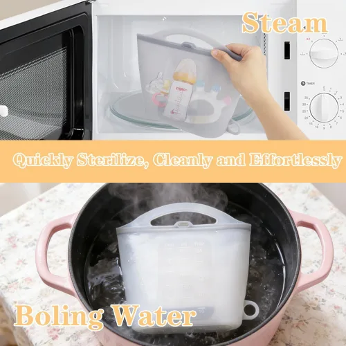 Miniatura 4 de Bolsa esterilizadora de vapor de silicona para microondas, bolsas reutilizables de 50.7 fl oz para biberones, extractor de leche, chupetes