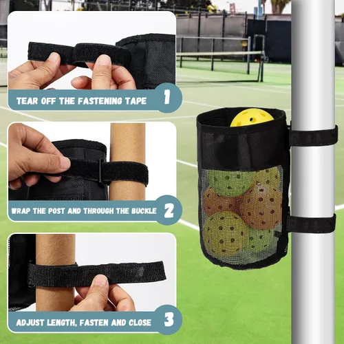 Miniatura 4 de Soporte de bola de pickleball ajustable, bolsa de malla de nailon para colgar, cesta de almacenamiento plegable con capacidad para 6-8 bolas, cierre