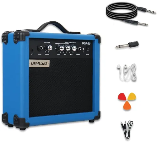 Miniatura 7 de Amplificador de Guitarra Bajo Eléctrico Azul Oscuro de 20W Portátil de Viaje Mini Amplificador de Práctica Conector para Auriculares Aux Agudos