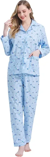 Miniatura 4 de Amaxer Conjunto de pijama 100% algodón para mujer, de manga larga, suave, con botones, con cordón elástico
