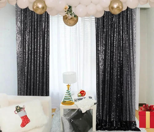 ShinyBeauty Cortinas de Telón de Fondo con Lentejuelas 4x10 pies Negro Cortinas de Lentejuelas 2 Paneles Telones de Fondo para Bodas Telón de Fondo