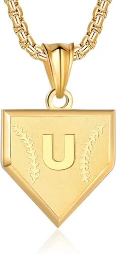 Miniatura 11 de Collar con inicial de la A a la Z para niños, de acero inoxidable, con dije de escudo de letra, cadena de 22 + 2 pulgadas, inspirador de béisbol