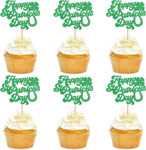 Miniatura 10 de Juego de 1 palillos para tartas de trébol, decoración de trébol con purpurina verde dorada para cumpleaños, baby shower, suministros de fiesta