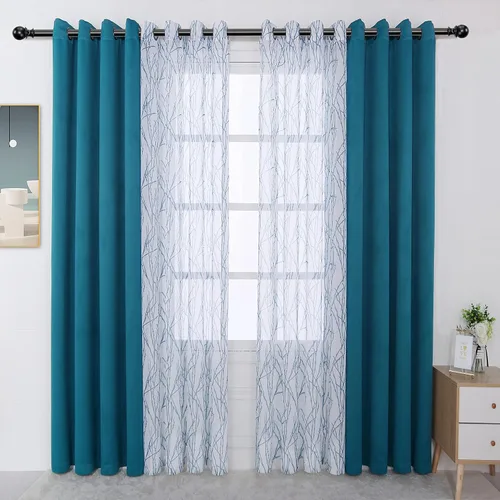 Miniatura 15 de BONZER Cortinas para Mezclar y Combinar - 2 Piezas de Cortinas Transparentes con Estampado de Ramas y 2 Piezas de Cortinas Opacas para Dormitorio