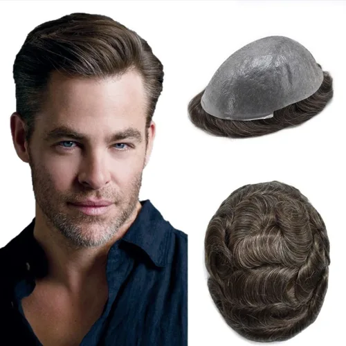 Miniatura 15 de Toupee para hombres pieza de pelo 0.002 in piel ultra fina para hombre Toupee cabello humano gris sistema de reemplazo para hombres sistema