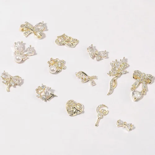 Miniatura 2 de Dijes y gemas para uñas, circonita de cobre dorado, múltiples formas 3D, diamantes de imitación de metal de lujo para uñas, 14 piezas