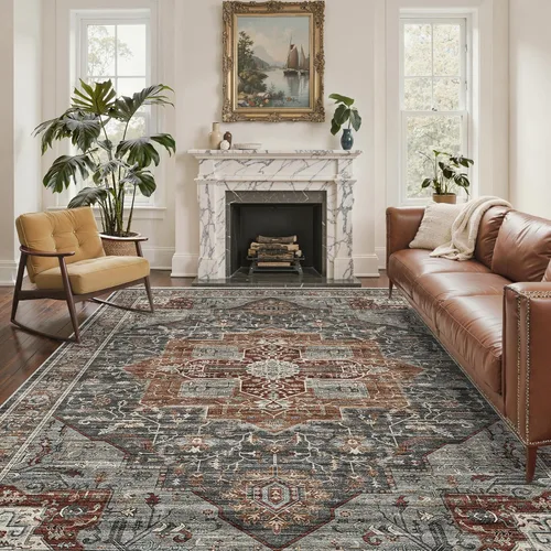 Miniatura 21 de Roxstand Alfombras de 2,44 x 3,05 m para sala de estar, alfombra vintage lavable con respaldo antideslizante, alfombra grande resistente a manchas