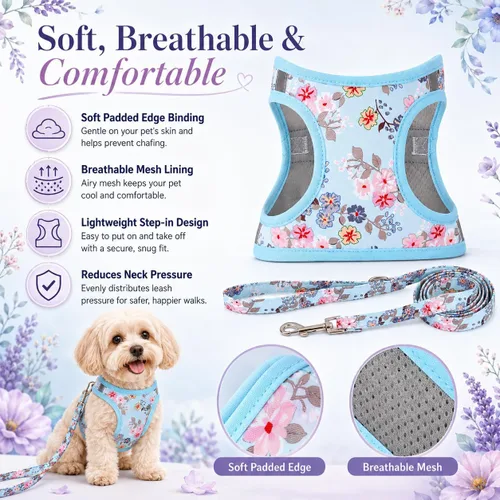 Miniatura 4 de Arnés para perro con correa, arnés reflectante para todo clima, sin tirones, con patrón floral, acolchado, malla para gatos, cachorros, perros