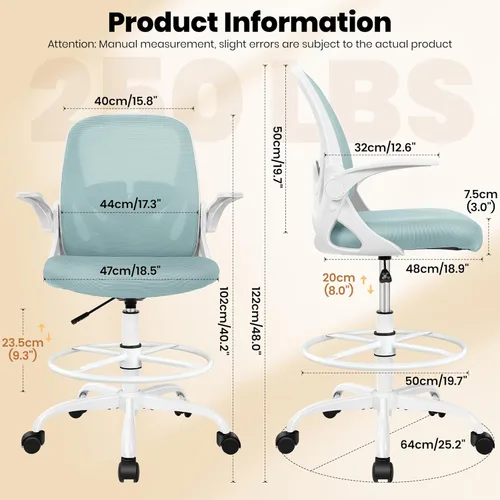Miniatura 3 de Primy Silla de Dibujo Silla Alta de Oficina con Reposabrazos Abatibles Silla Ejecutiva Ergonómica de Computadora para Escritorio de Pie con Soporte