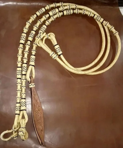 Miniatura 2 de Nudos naturales y negros de piel cruda, tachuelas de caballo trenzadas a mano Romal Romel Reins Ranch Cuerda/cuerda Reins-8.5 pies, 52 pies Romel