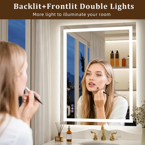 Miniatura 2 de Espejo de baño LED con luces, espejos de pared de 36 x 24 pulgadas con antiempañamiento, regulable, retroiluminado + luz frontal, 3 modos