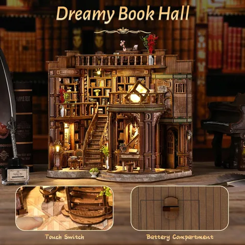 Miniatura 5 de Kit de rincón de libros en miniatura para casa de muñecas, rompecabezas de madera 3D con luz, decoración de estantería de casa pequeña, construcción