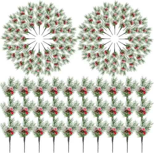 Miniatura 7 de 48 piezas de púas y aerosoles de Navidad, púas florales de árbol de Navidad, púas de acebo, tallos de bayas rojas, spray de vegetación para Bonito