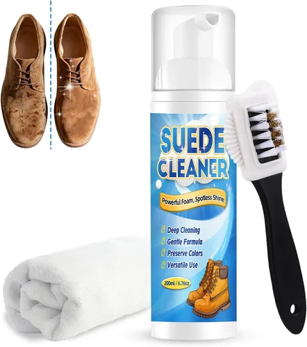 Yeardera Kit de limpiador de gamuza, limpiador de zapatos de gamuza y nobuck sin enjuague de 6.76 onzas con cepillo y toalla, elimina la suciedad y
