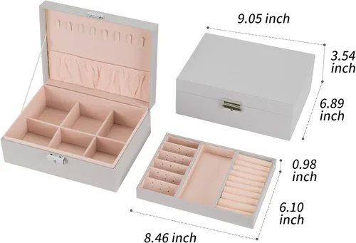 Miniatura 6 de Smileshe Joyero para mujeres y niñas, organizador de piel sintética con cerradura, 2 capas extraíbles de almacenamiento de viaje para anillos