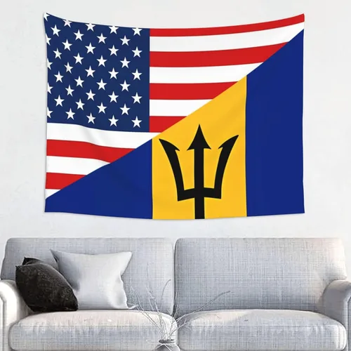 Tapiz decorativo para pared, diseño de bandera estadounidense y bandera de Barbados, para colgar en la pared, manteles de arte hippie de 29 x 37