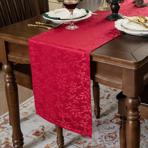 Miniatura 14 de Joyfol Day Caminos de Mesa de Navidad, Impermeable Jacquard Verde Flor de Pascua Camino de Mesa para Navidad Vacaciones Invierno Festival Cocina