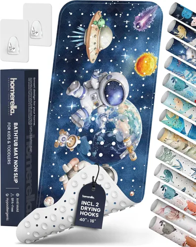 Miniatura 16 de Homerella - Alfombrilla de baño antideslizante y antideslizante para niños, 40 x 16 pulgadas, sin BPA, incluye 2 ganchos, tapete de ducha lavable