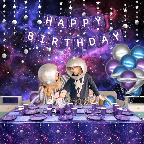 Miniatura 6 de Space Galaxy Party Supplies - Juego de vajilla para fiestas, incluye pancarta, platos, servilletas para cupcakes, vasos, mantel, globos, globos
