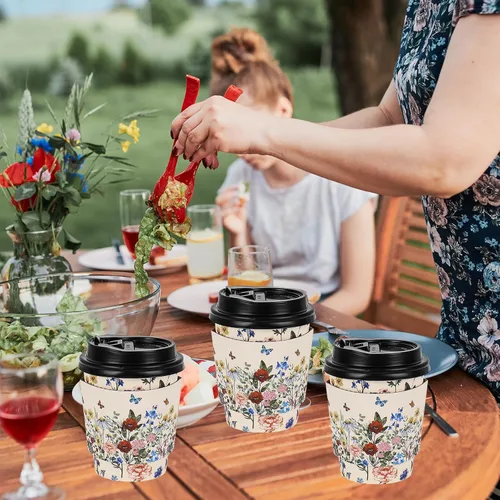 Miniatura 7 de JarThenaAMCS 50 juegos de tazas de café florales vintage con tapas y fundas de 8 onzas, tazas de papel de flores silvestres, desechables