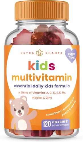NutraChamps Gomitas multivitamínicas para niños | 120 vitaminas gomosas sin azúcar para niños | Veganas y sin OMG | Fresa, maracuyá, melocotón y