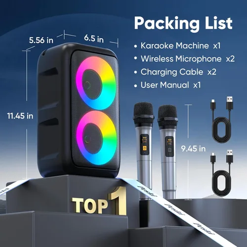 Miniatura 9 de Máquina de karaoke para adultos y niños, altavoz Bluetooth portátil con 2 micrófonos inalámbricos, modo TWS y luz LED, sistema PA de batería de 10