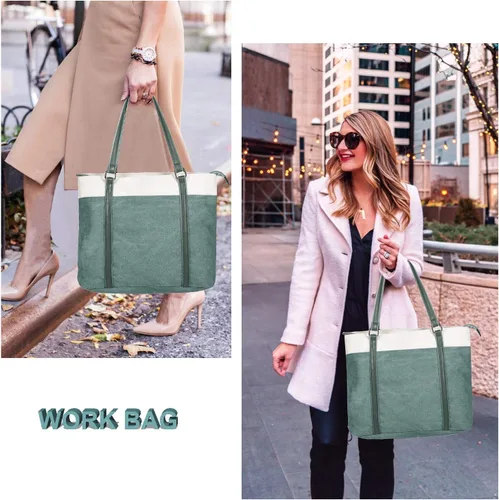 Miniatura 2 de Laptop Tote Bag for Women, 15.6 Inch Work Bag with Laptop Compartment and Zipper, Canvas Computer Tote for Teacher Marrón