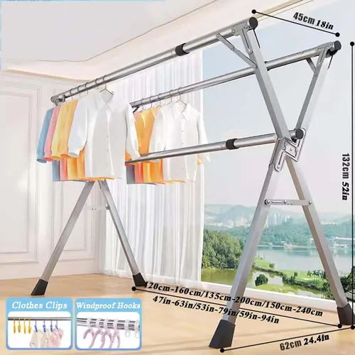Miniatura 7 de HUHJYUGE Estante de secado de ropa de acero inoxidable, Estante de secado portátil, Perchero portátil plegable, Longitud ajustable ahorra espacio