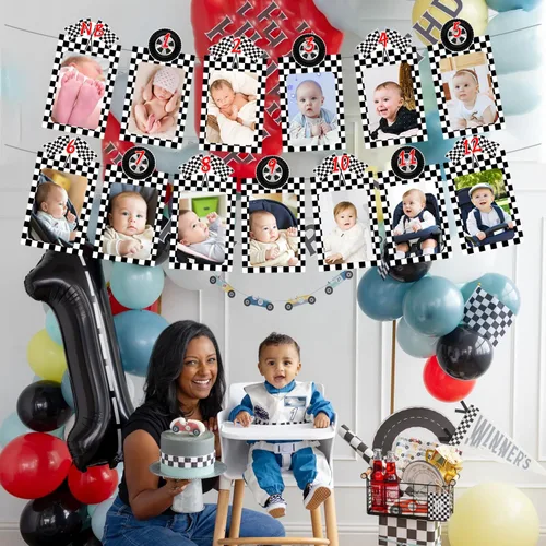 Miniatura 5 de Decoración de fiesta de primer cumpleaños, auto de carreras, 12 meses de hitos mensuales, cartel de fotos de bebé para primer año de dibujos