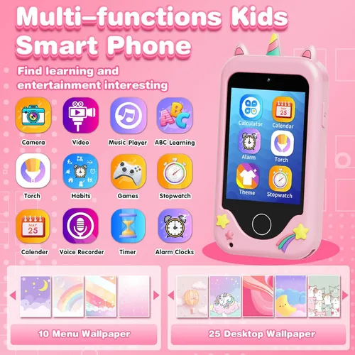 Miniatura 2 de Juguetes de teléfono para niños de 3 a 6 años para niñas, teléfono celular para niños con pantalla táctil, cámara dual, reproductor de música MP3