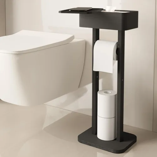 Wealone Soporte de papel higiénico 4 en 1 negro con estante de almacenamiento, caja, rotación de 360°, bambú, papel higiénico de pie, dispensador