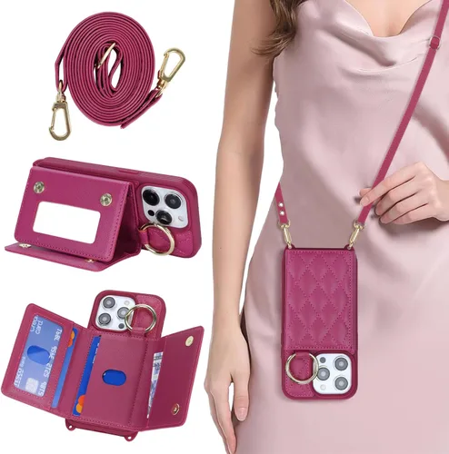 Miniatura 23 de Funda para iPhone 14 Plus con tarjetero y correa para mujer, cordón cruzado, espejo de maquillaje, soporte de anillo, cierre a presión, bonitas Rosa